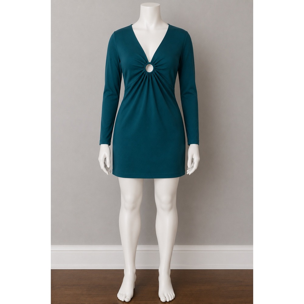 Abercrombie & Fitch Green Long Sleeve Cutout Mini Dress Women's V-Neck Front XL